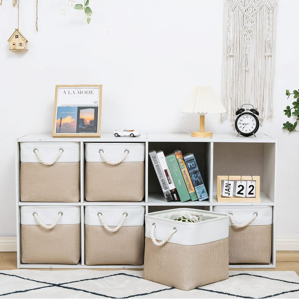 6 White Beige Fabric Storage Bins