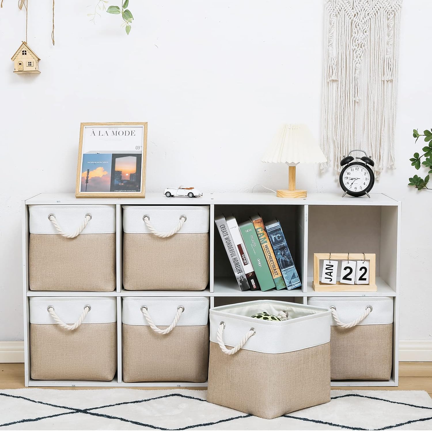 6 White Beige Fabric Storage Bins