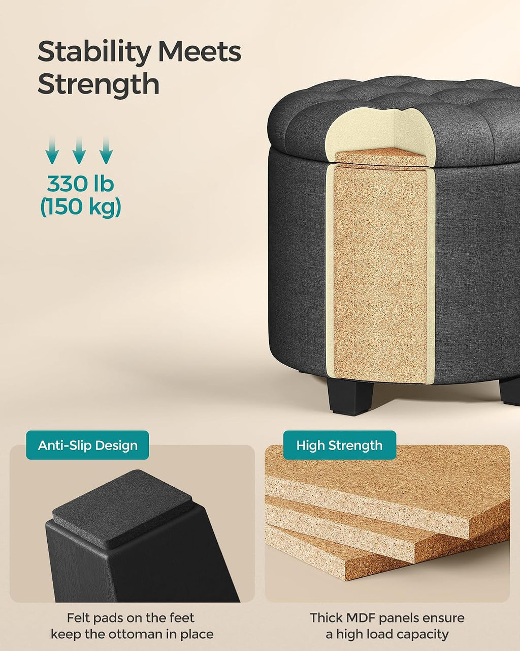 17.7" Dark Gray Storage Ottoman