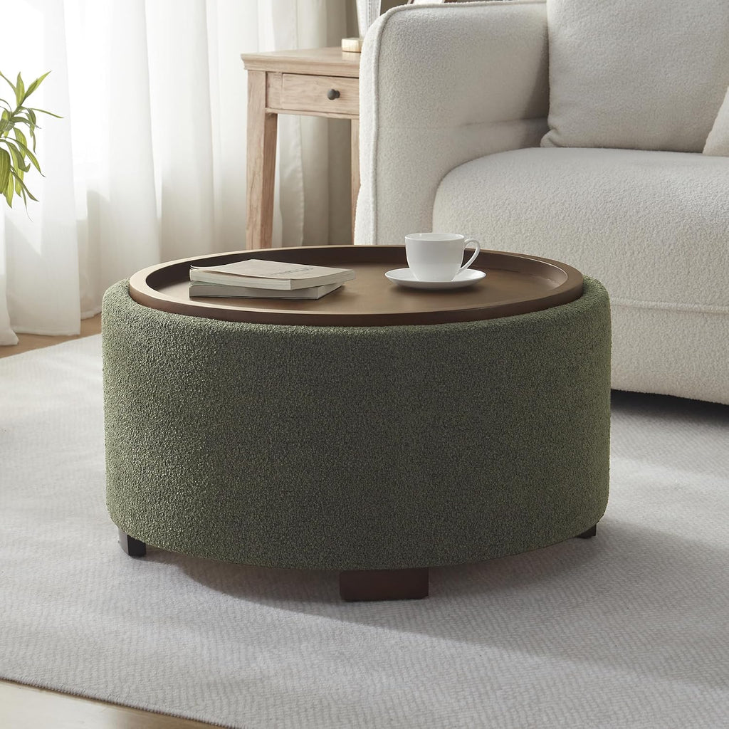 30" Green Boucle Round Storage Ottoman