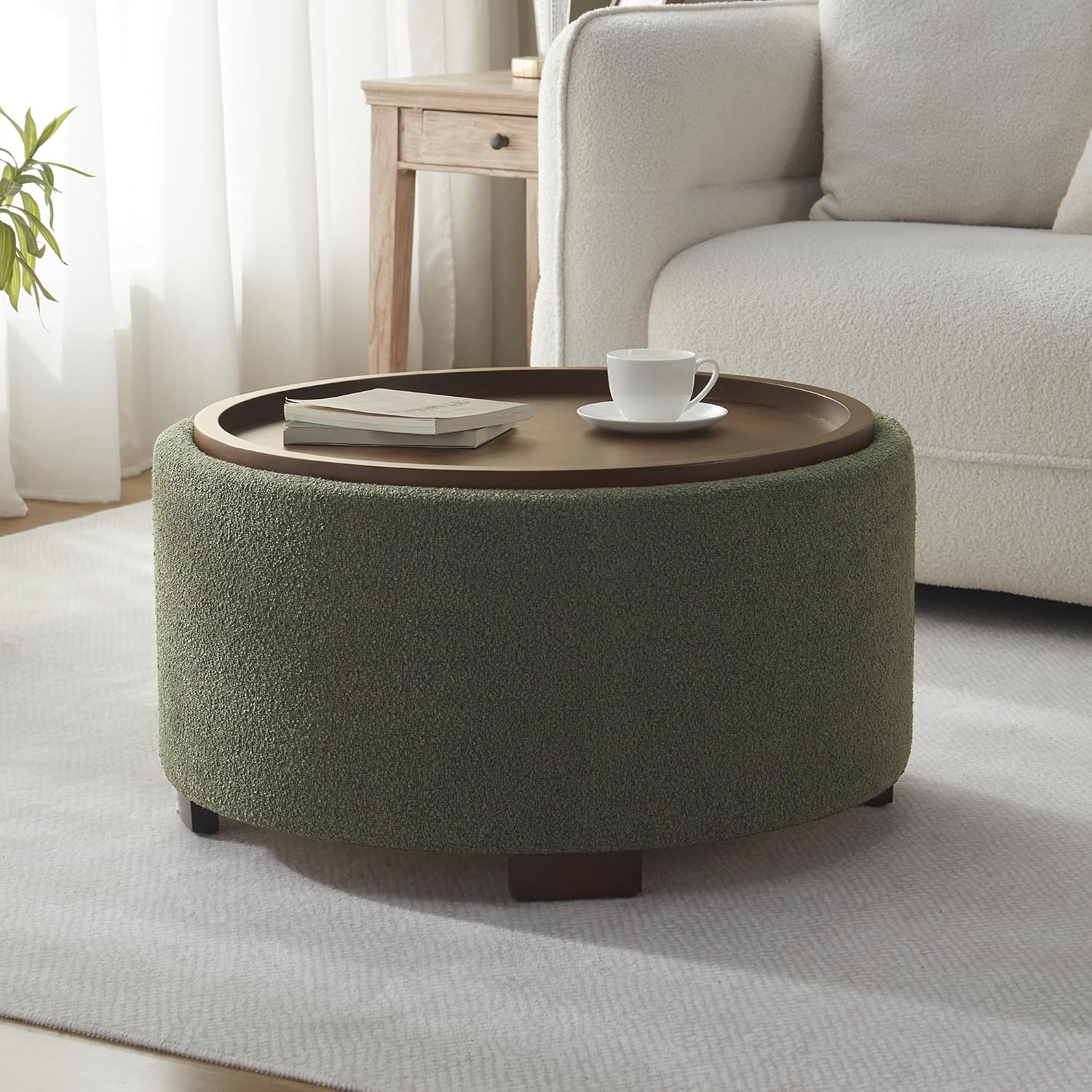 30" Green Boucle Round Storage Ottoman