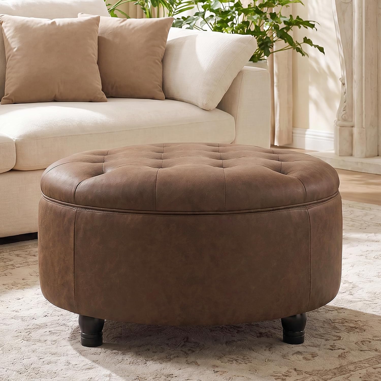30" Cognac Tan Tufted Round Storage Ottoman