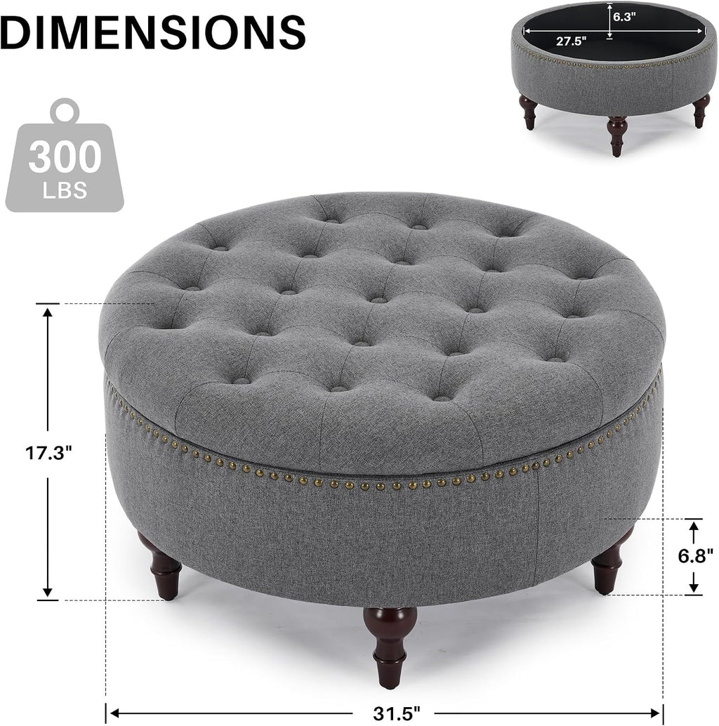 31.5" Grey Tufted Linen Storage Ottoman