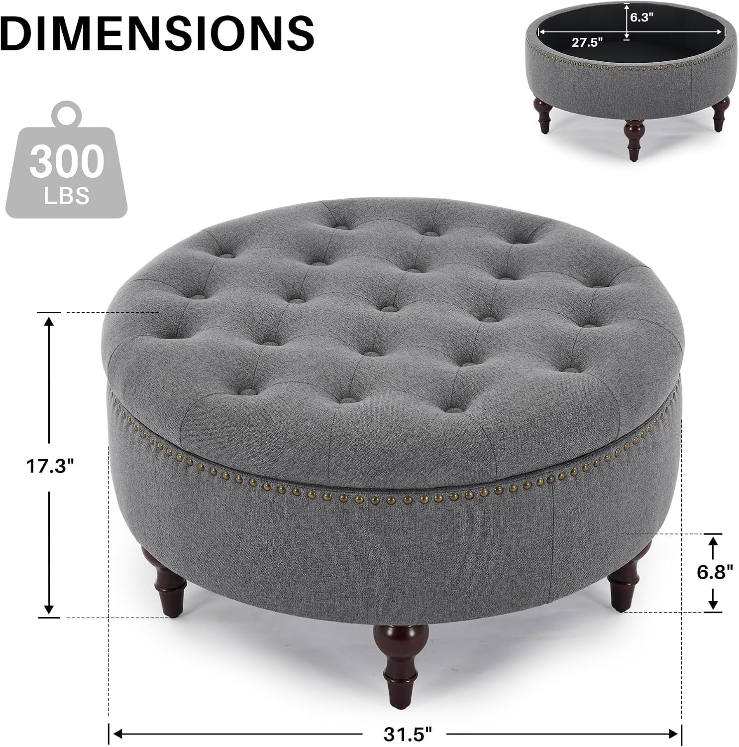 31.5" Grey Tufted Linen Storage Ottoman