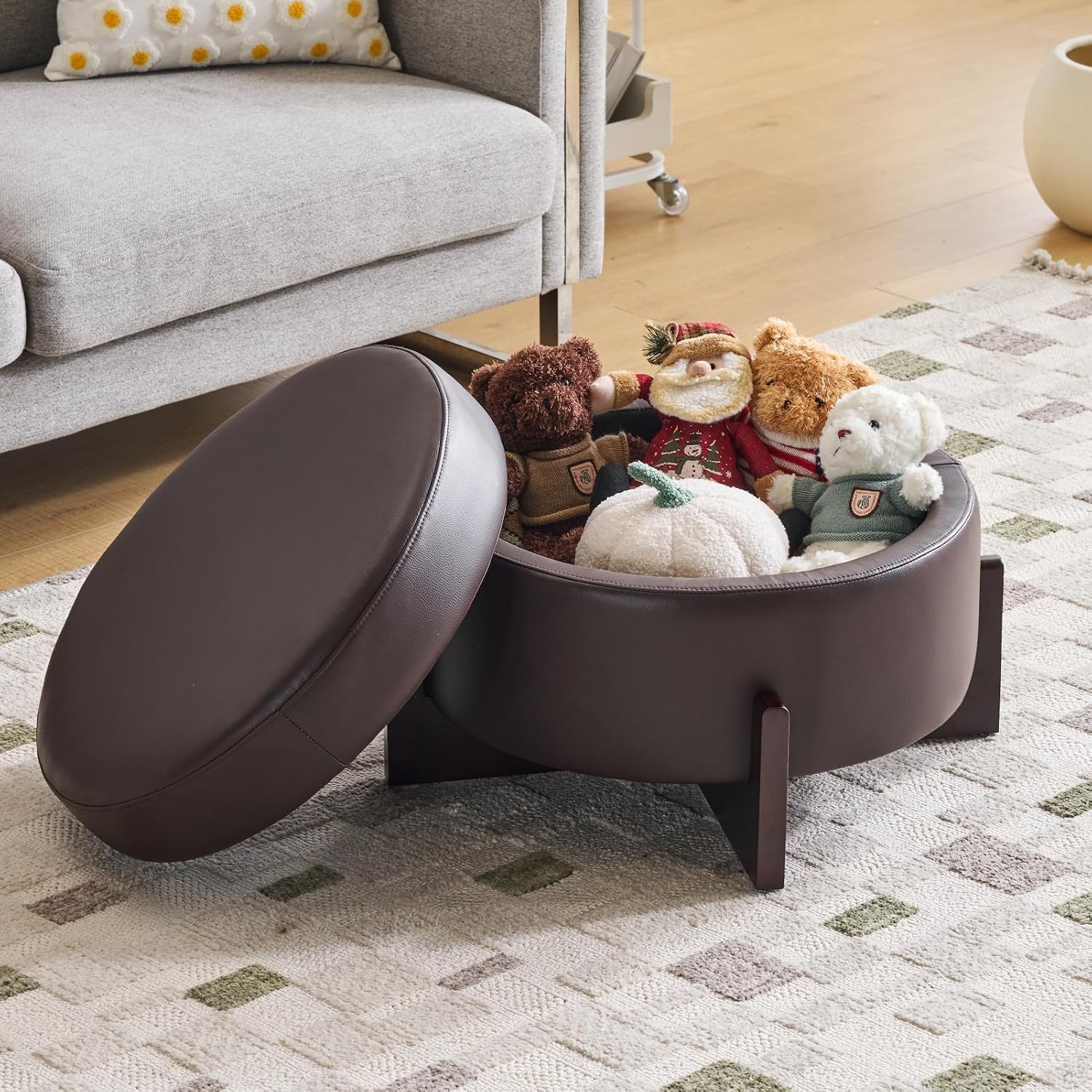 26" Dark Brown Faux Leather Storage Ottoman