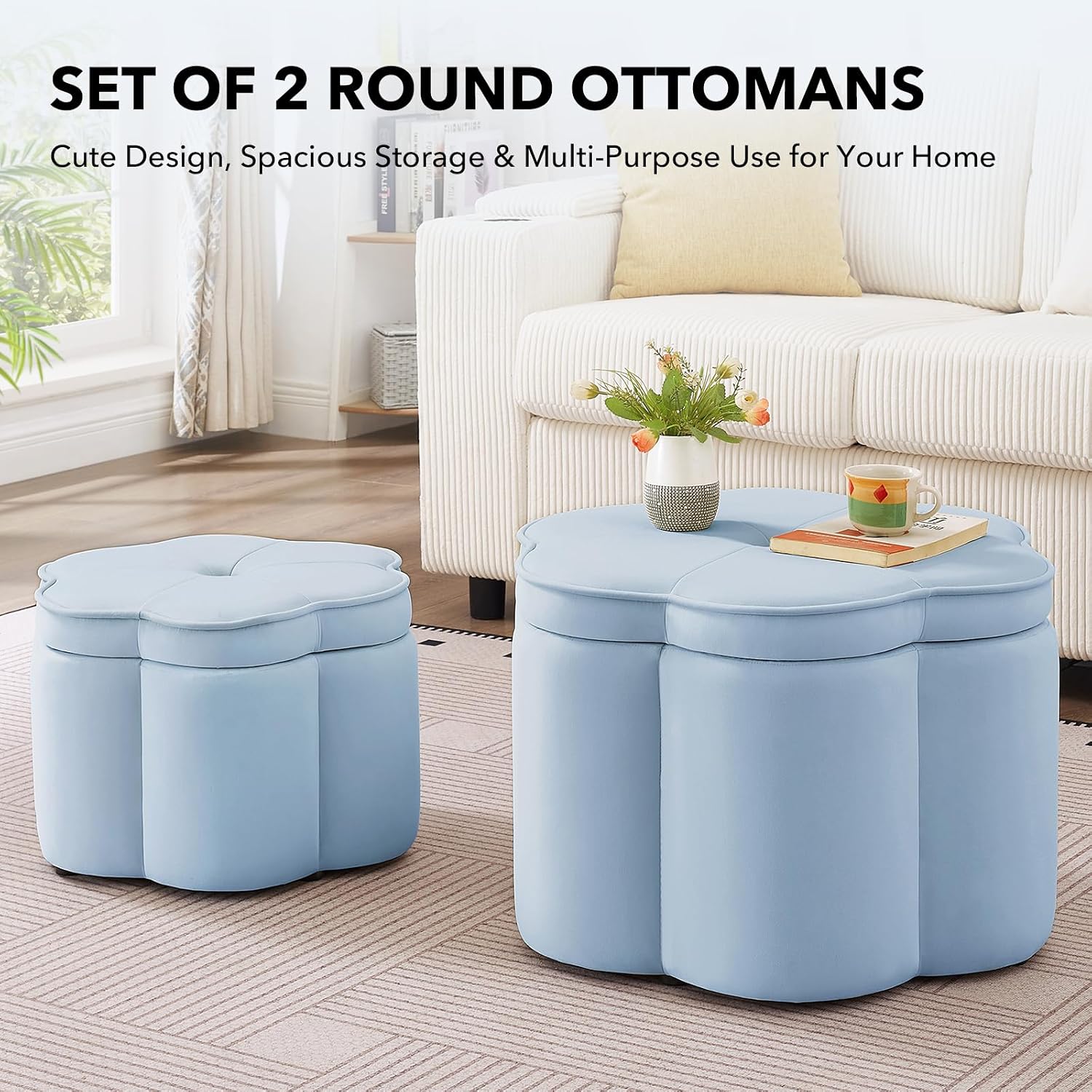 2 Pack Seaglass Velvet Flower Storage Ottomans