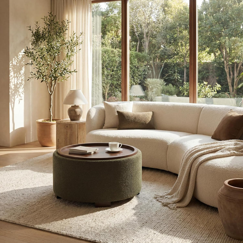 30" Green Boucle Round Storage Ottoman