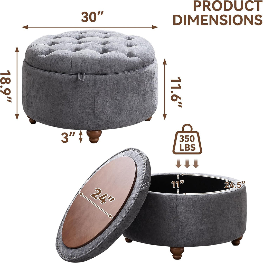 30" Blue Chenille Tufted Storage Ottoman