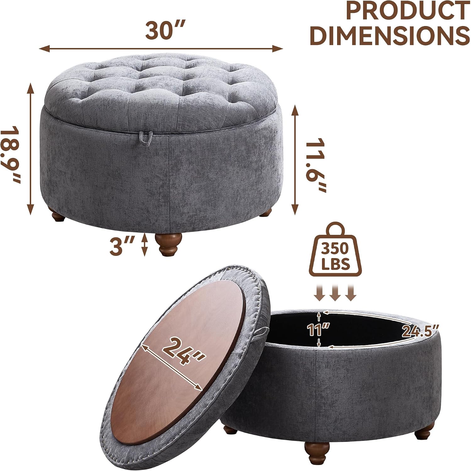 30" Blue Chenille Tufted Storage Ottoman