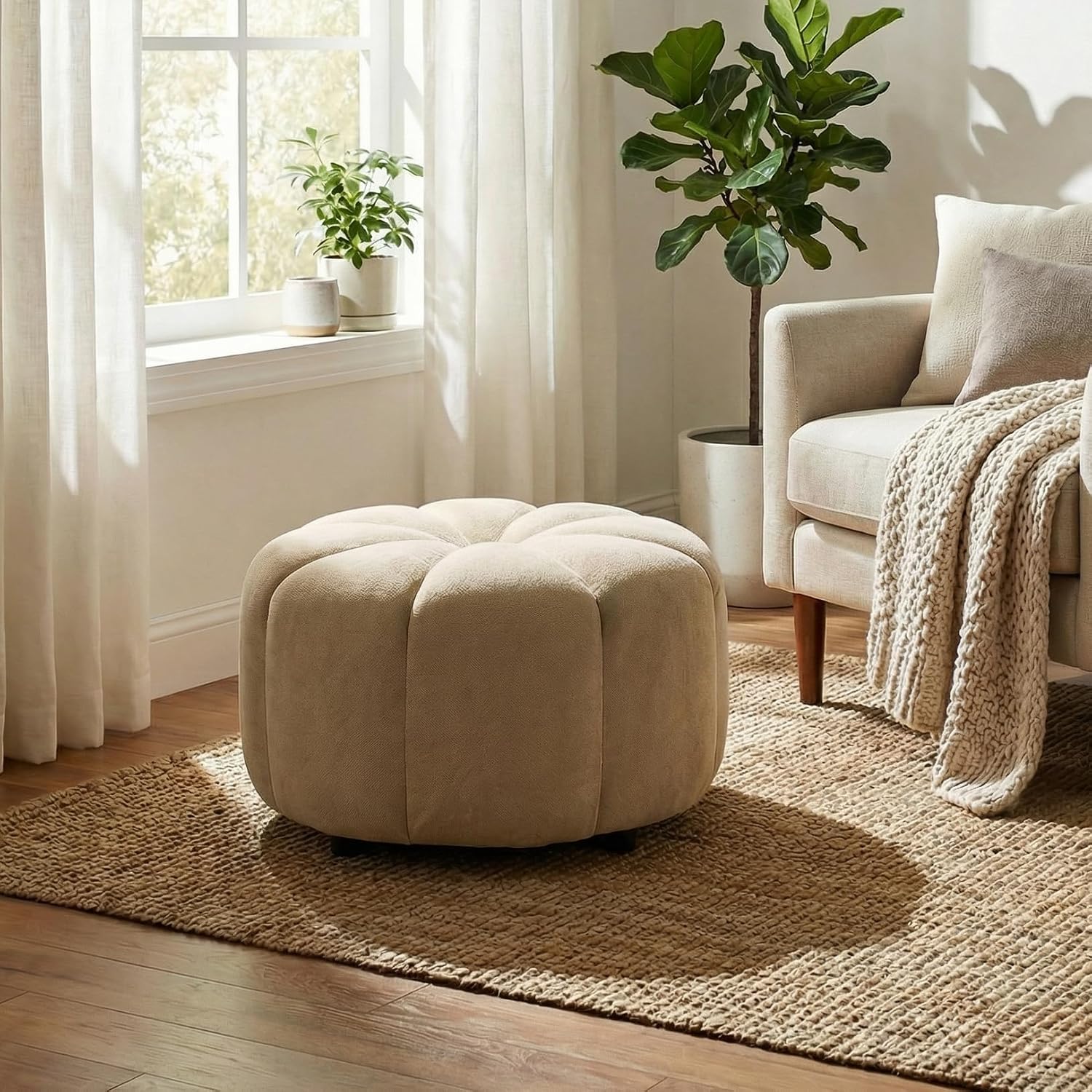 Round Beige Velvet Ottoman Coffee Table