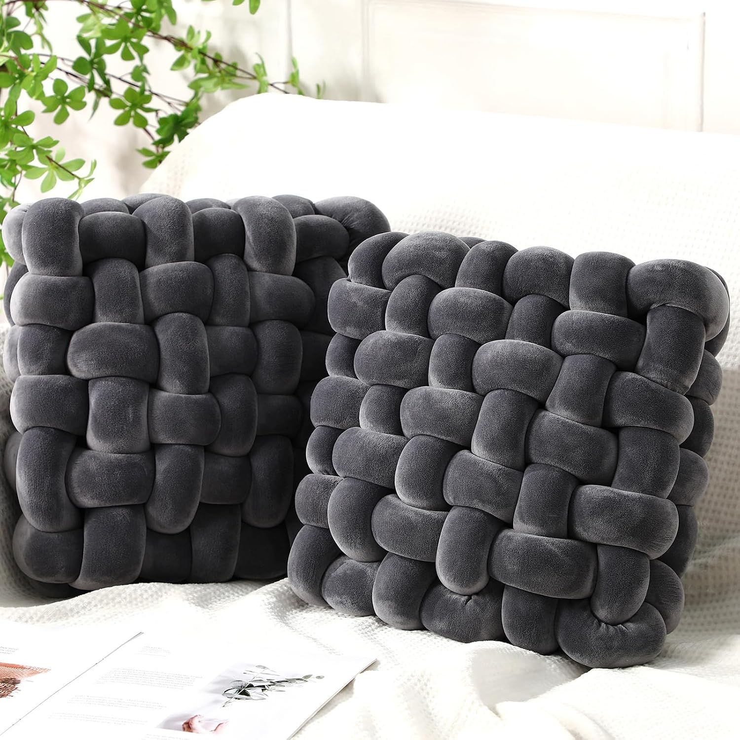 Dark Gray Velvet Knot Pillows 2 Pack