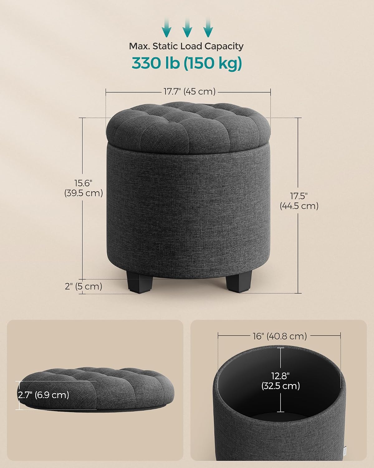 17.7" Dark Gray Storage Ottoman