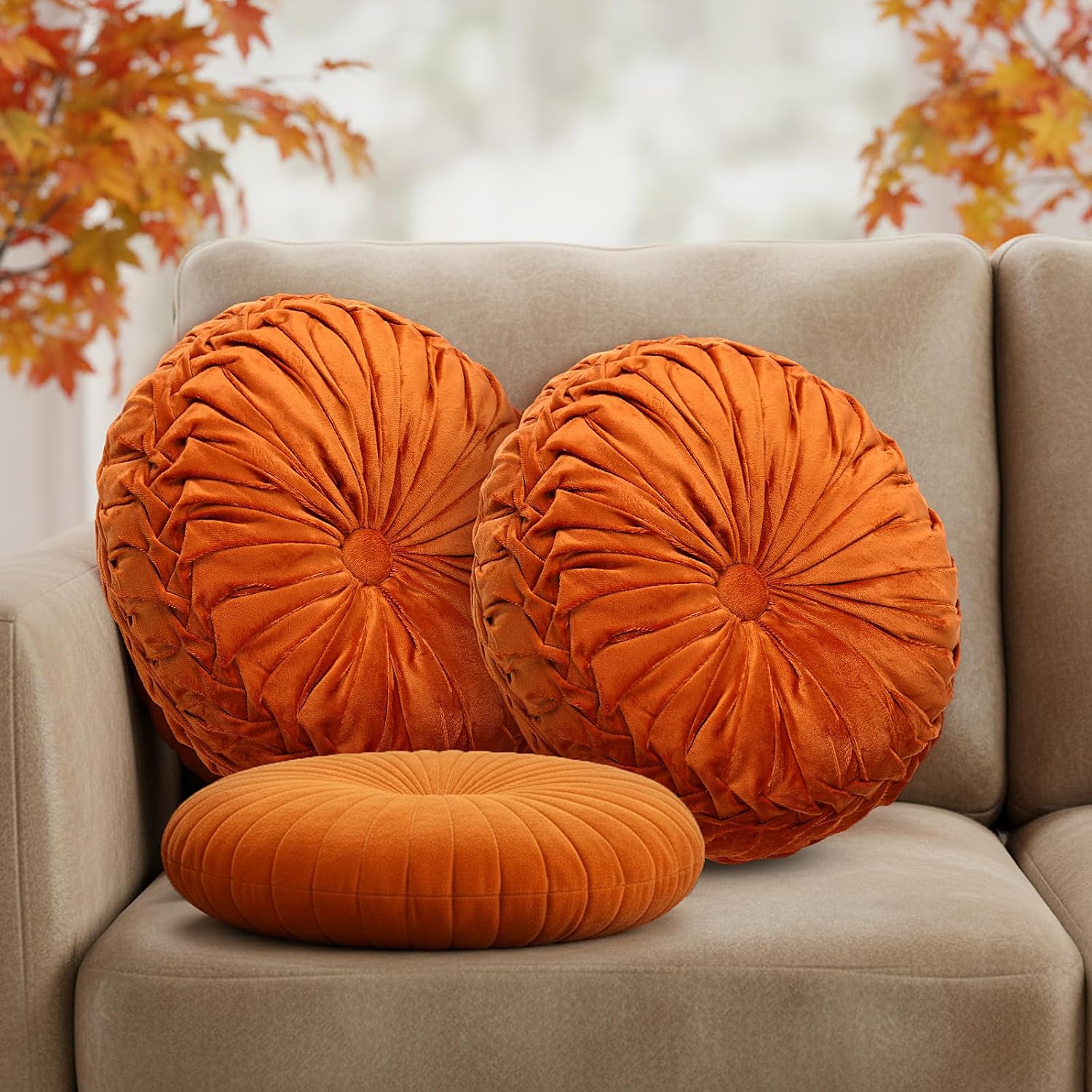 Orange Velvet Pumpkin Pillows 3 Pack