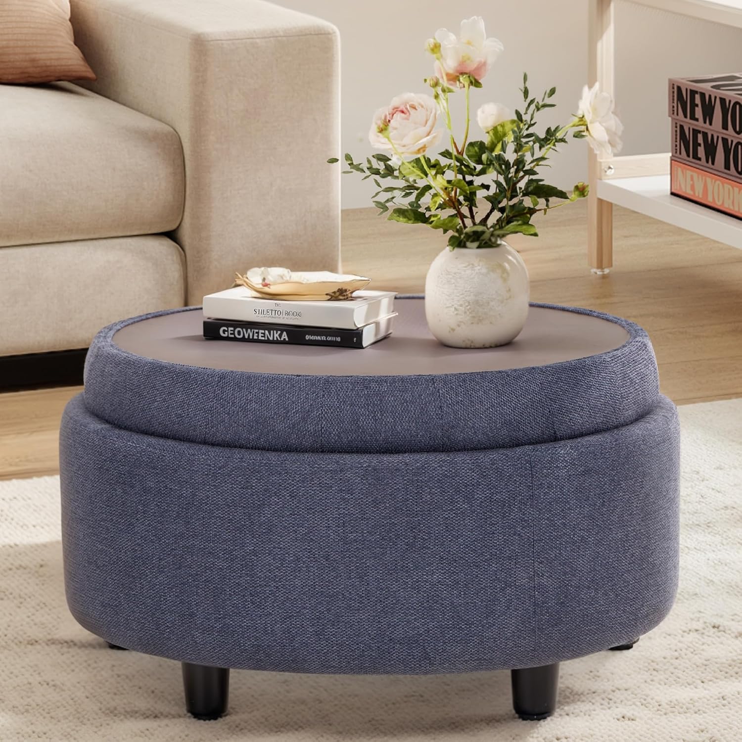 Round Blue Fabric Storage Ottoman with Tray Lid