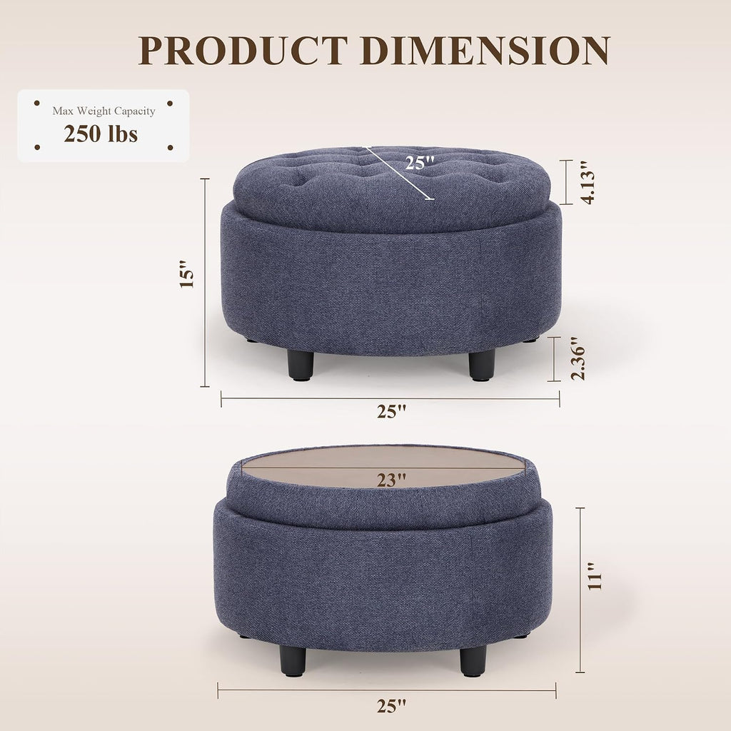 Round Blue Fabric Storage Ottoman with Tray Lid