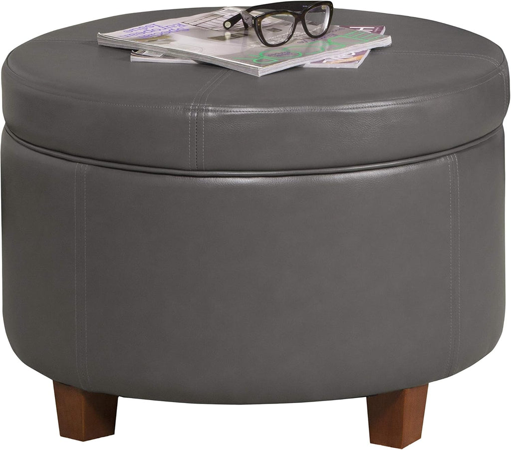 Large Charcoal Grey Leatherette Round Storage Ottoman