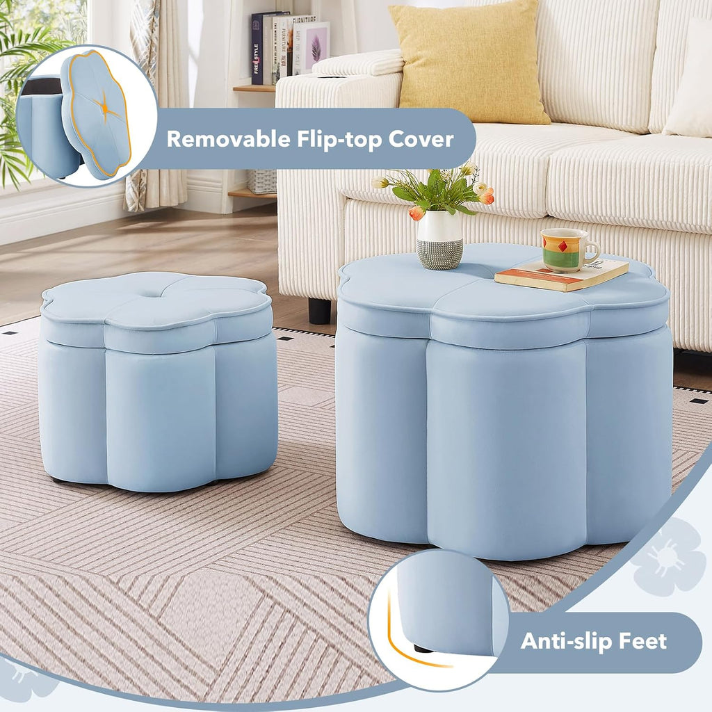 2 Pack Seaglass Velvet Flower Storage Ottomans