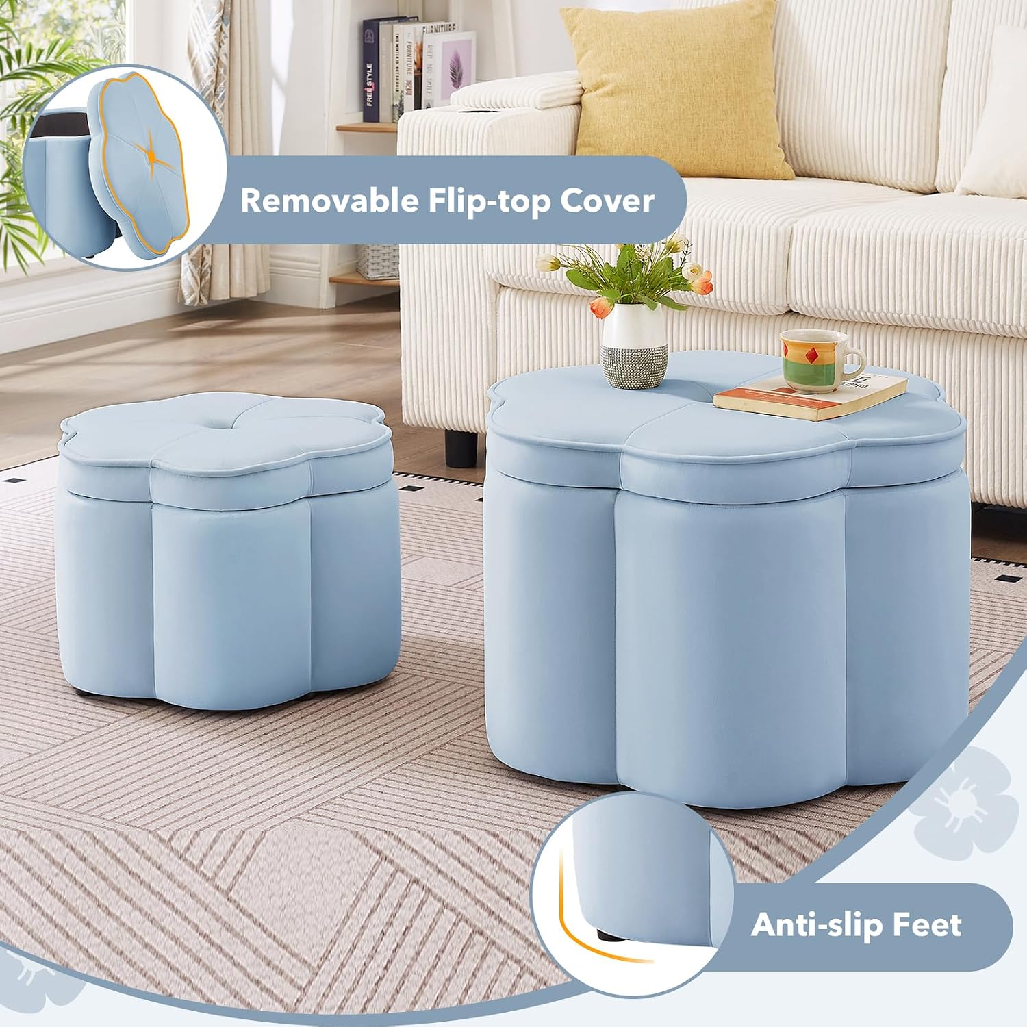 2 Pack Seaglass Velvet Flower Storage Ottomans