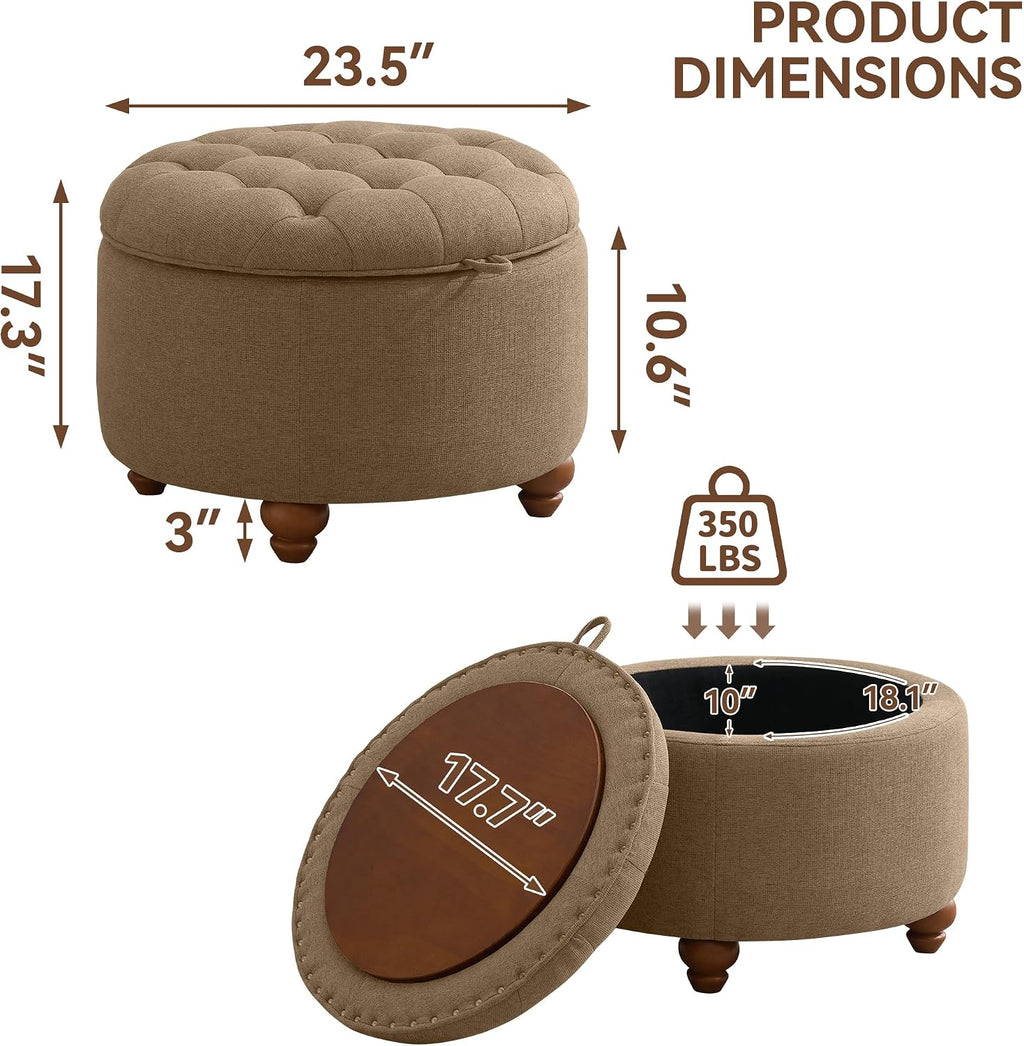 24" Brown Tufted Round Storage Ottoman