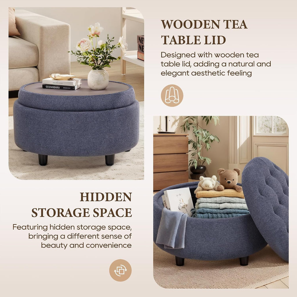Round Blue Fabric Storage Ottoman with Tray Lid