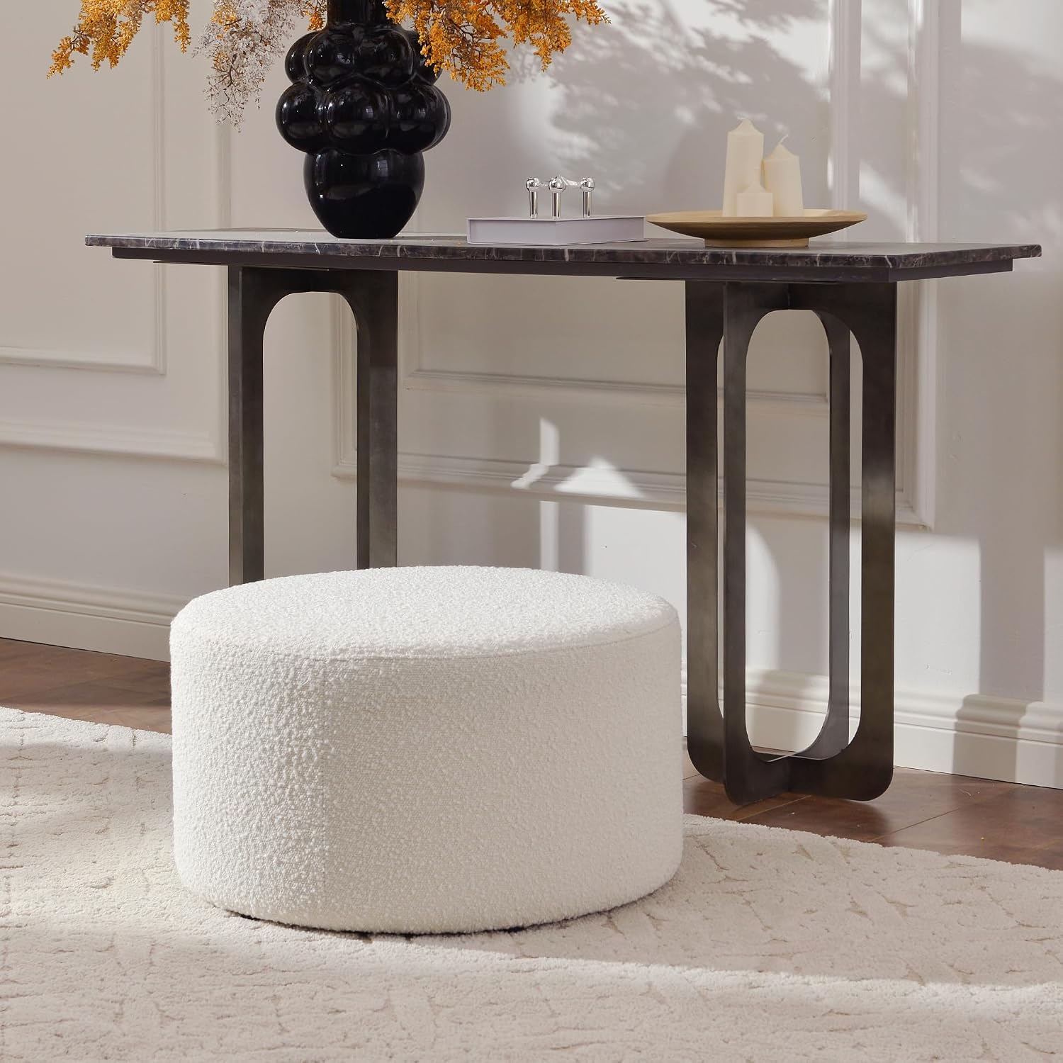 24" Round Boucle Upholstered Ottoman