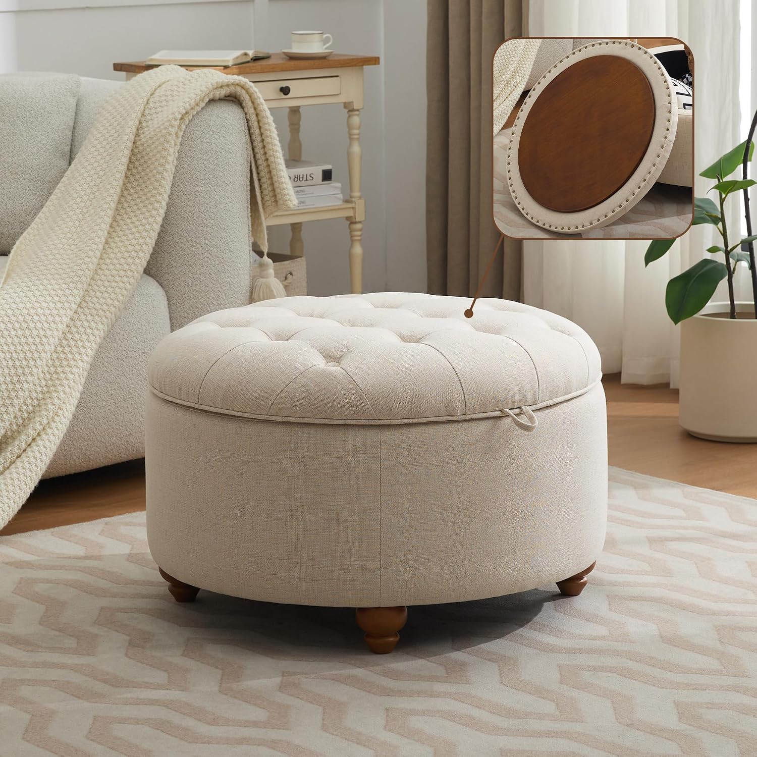 30" Khaki Tufted Round Storage Ottoman