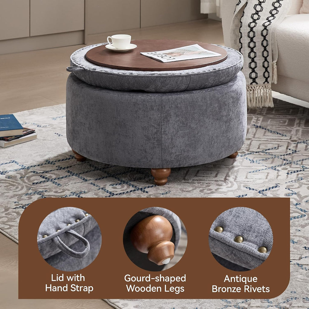 30" Blue Chenille Tufted Storage Ottoman