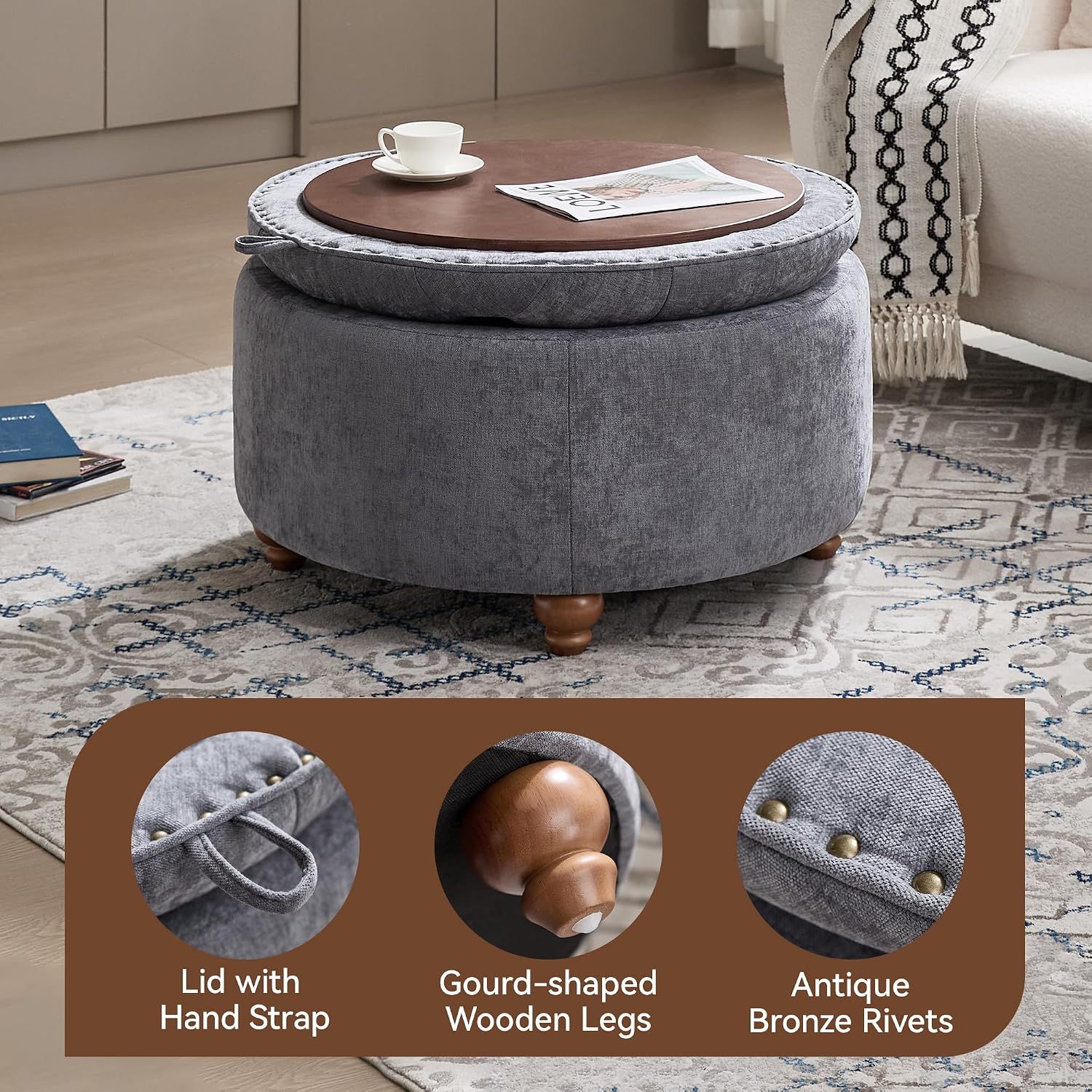 30" Blue Chenille Tufted Storage Ottoman