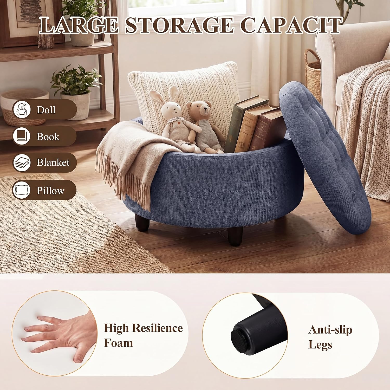 Round Blue Fabric Storage Ottoman with Tray Lid