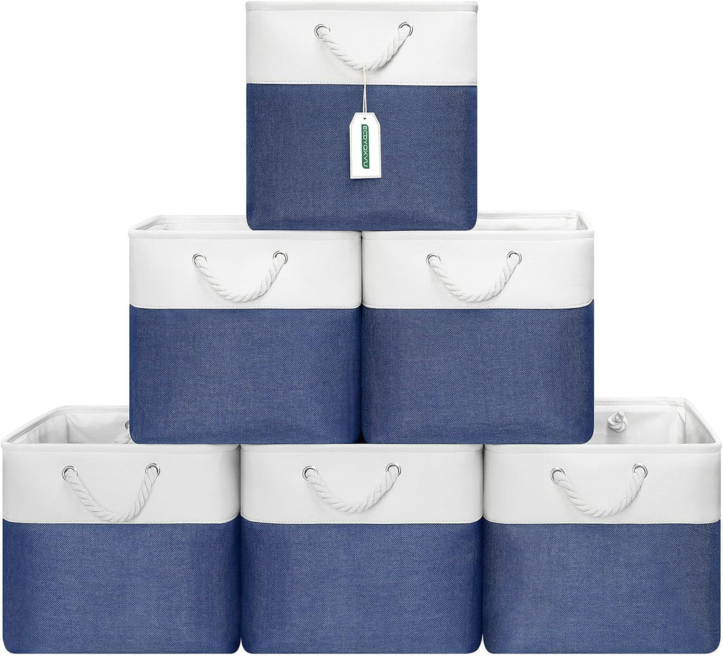 6 White Navy Fabric Storage Cubes