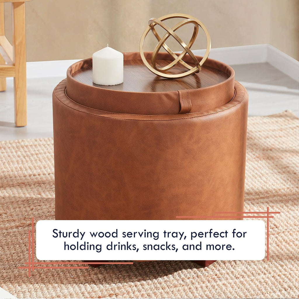 17" Cognac Faux Leather Storage Ottoman
