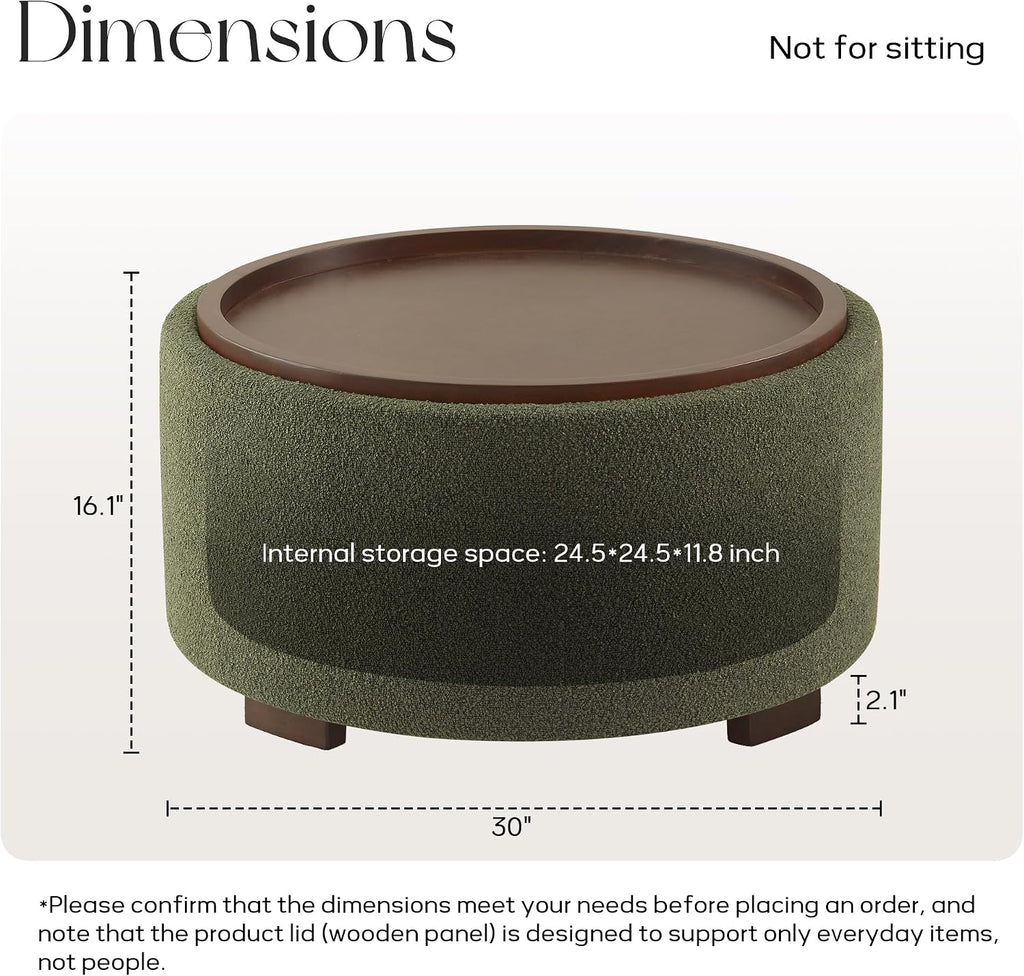 30" Green Boucle Round Storage Ottoman
