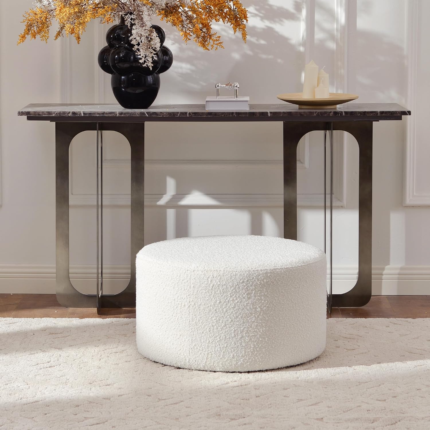 24" Round Boucle Upholstered Ottoman