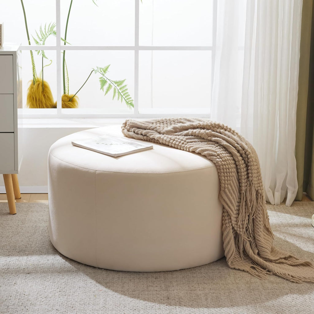 30" Cream Velvet Round Ottoman