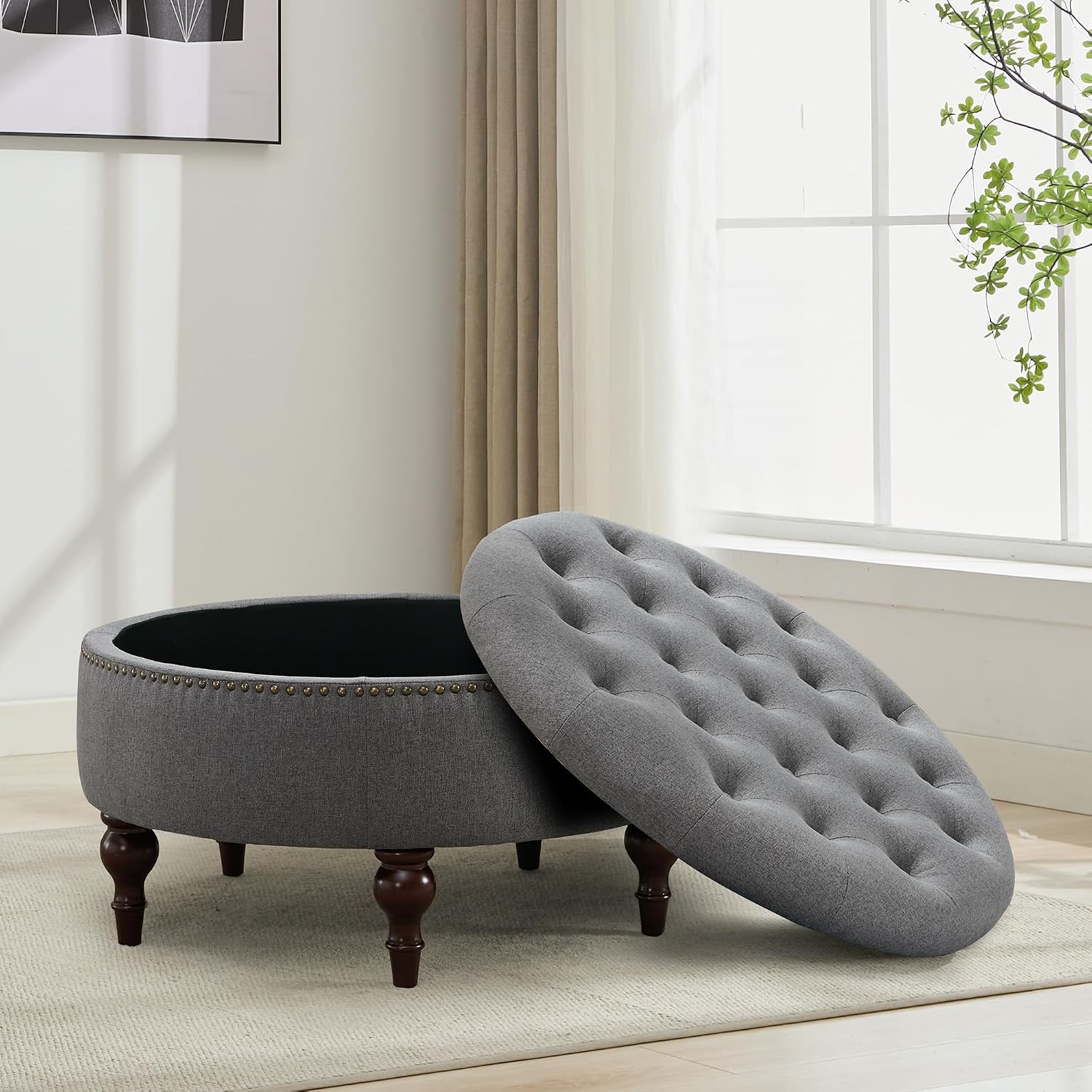 31.5" Grey Tufted Linen Storage Ottoman