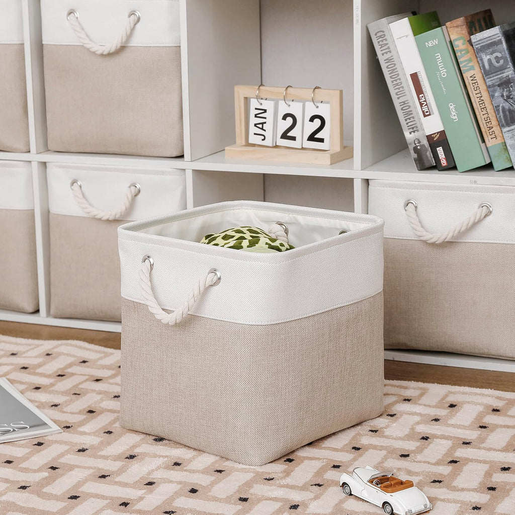 6 White Beige Fabric Storage Bins