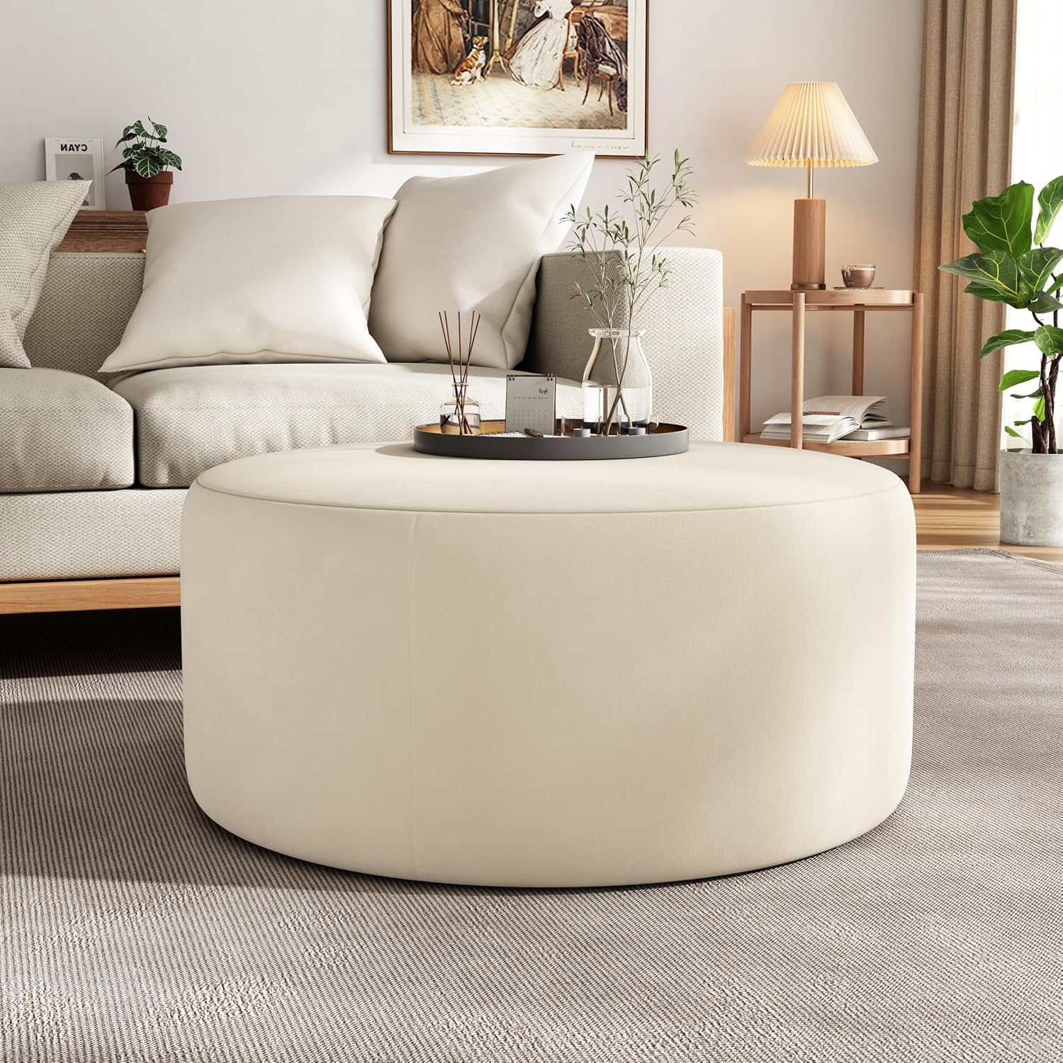 30" Cream Velvet Round Ottoman