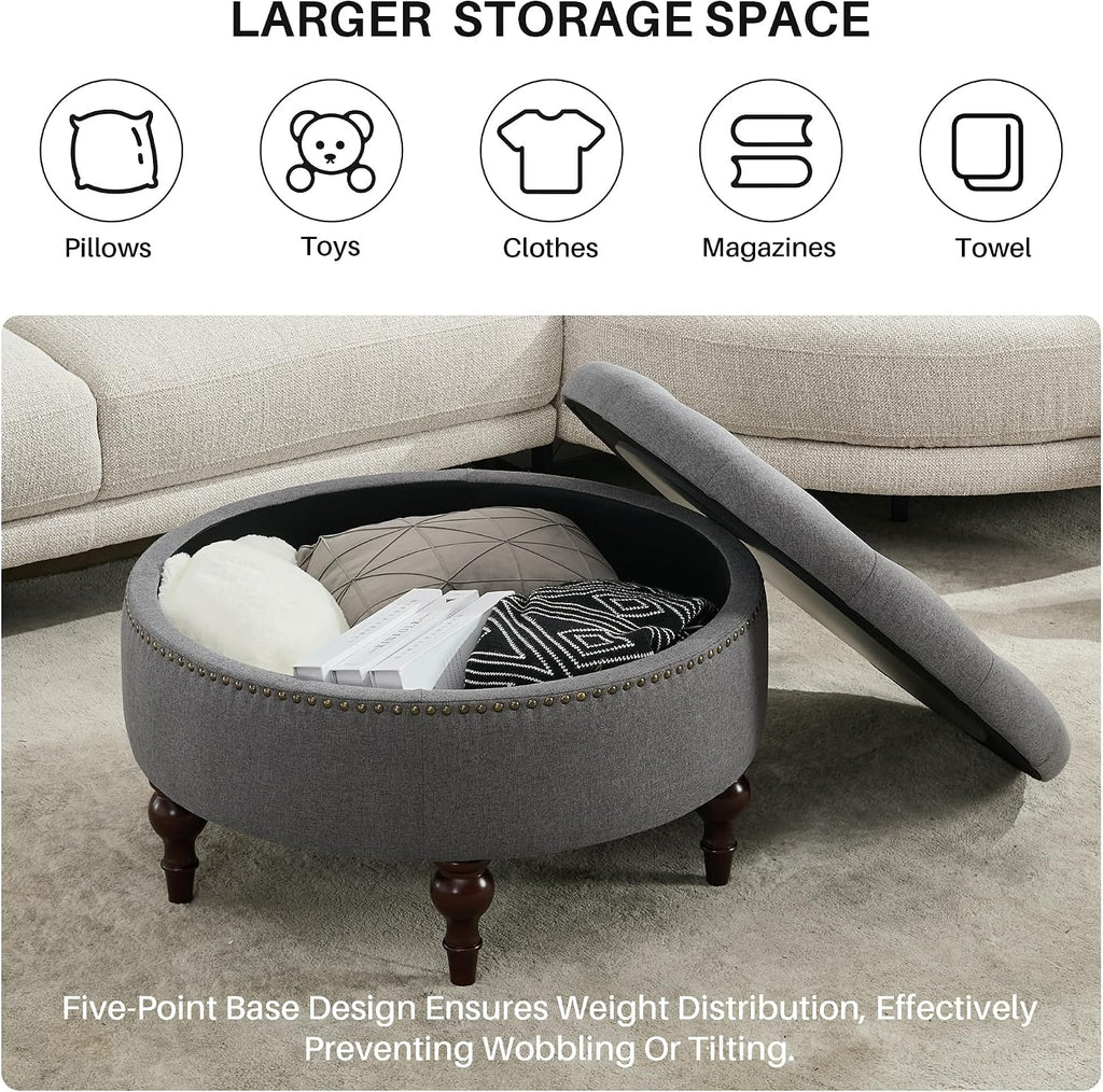31.5" Grey Tufted Linen Storage Ottoman