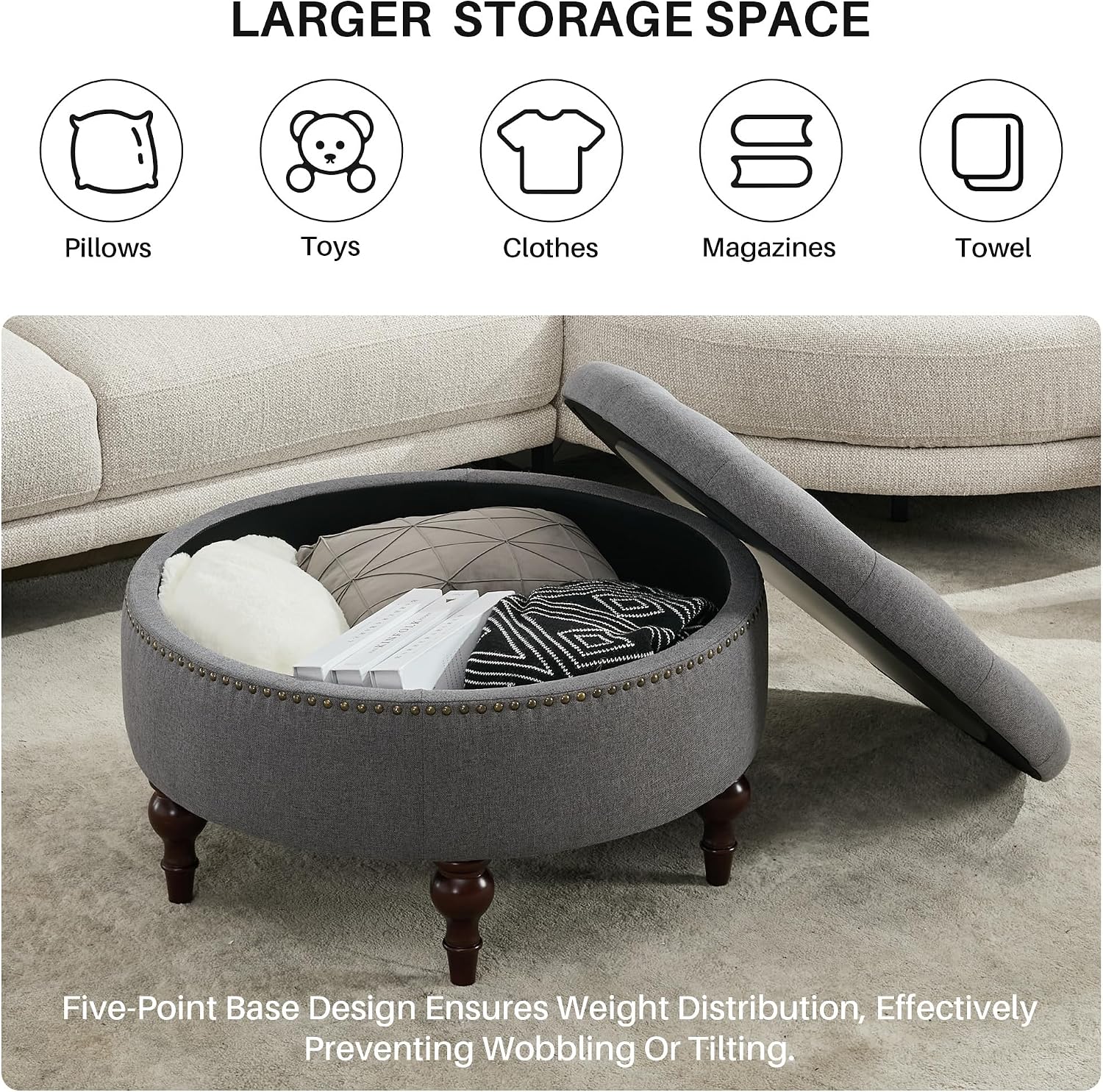 31.5" Grey Tufted Linen Storage Ottoman