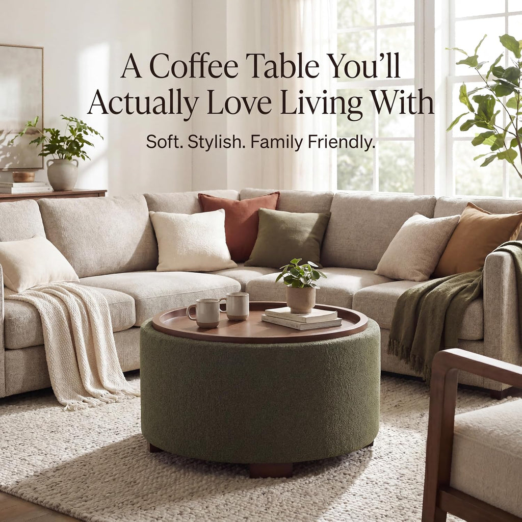 30" Green Boucle Round Storage Ottoman