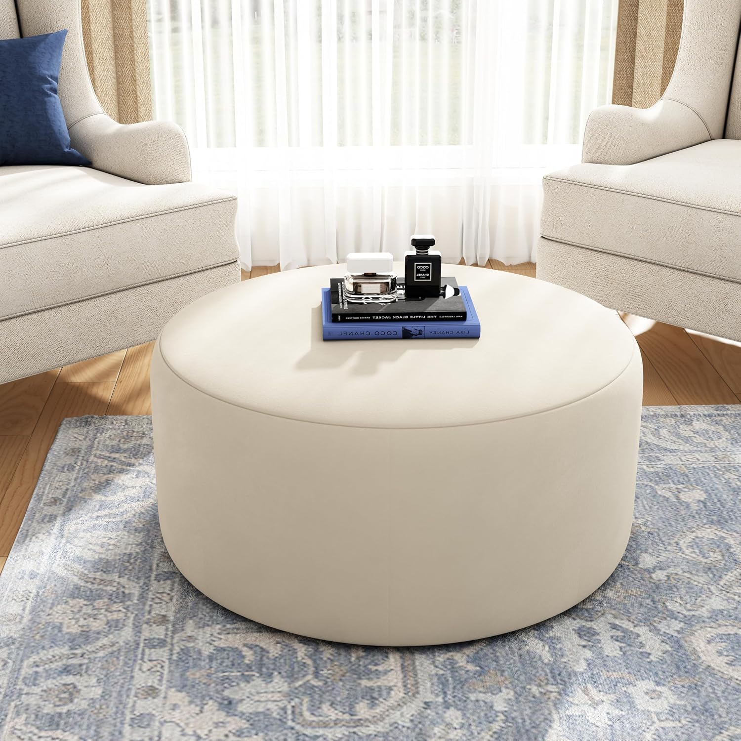 30" Cream Velvet Round Ottoman