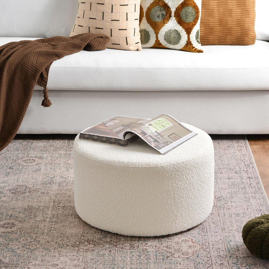 24" Round Boucle Upholstered Ottoman