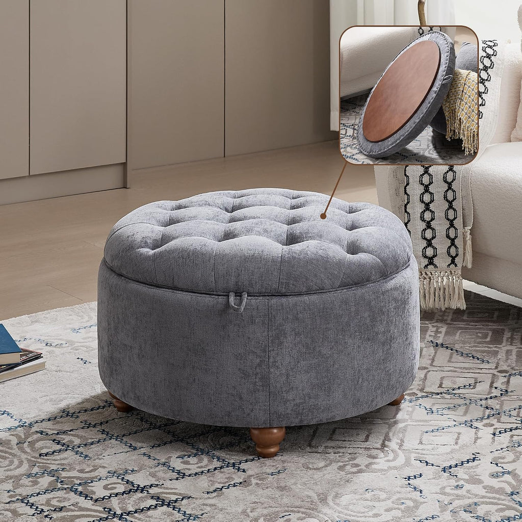 30" Blue Chenille Tufted Storage Ottoman