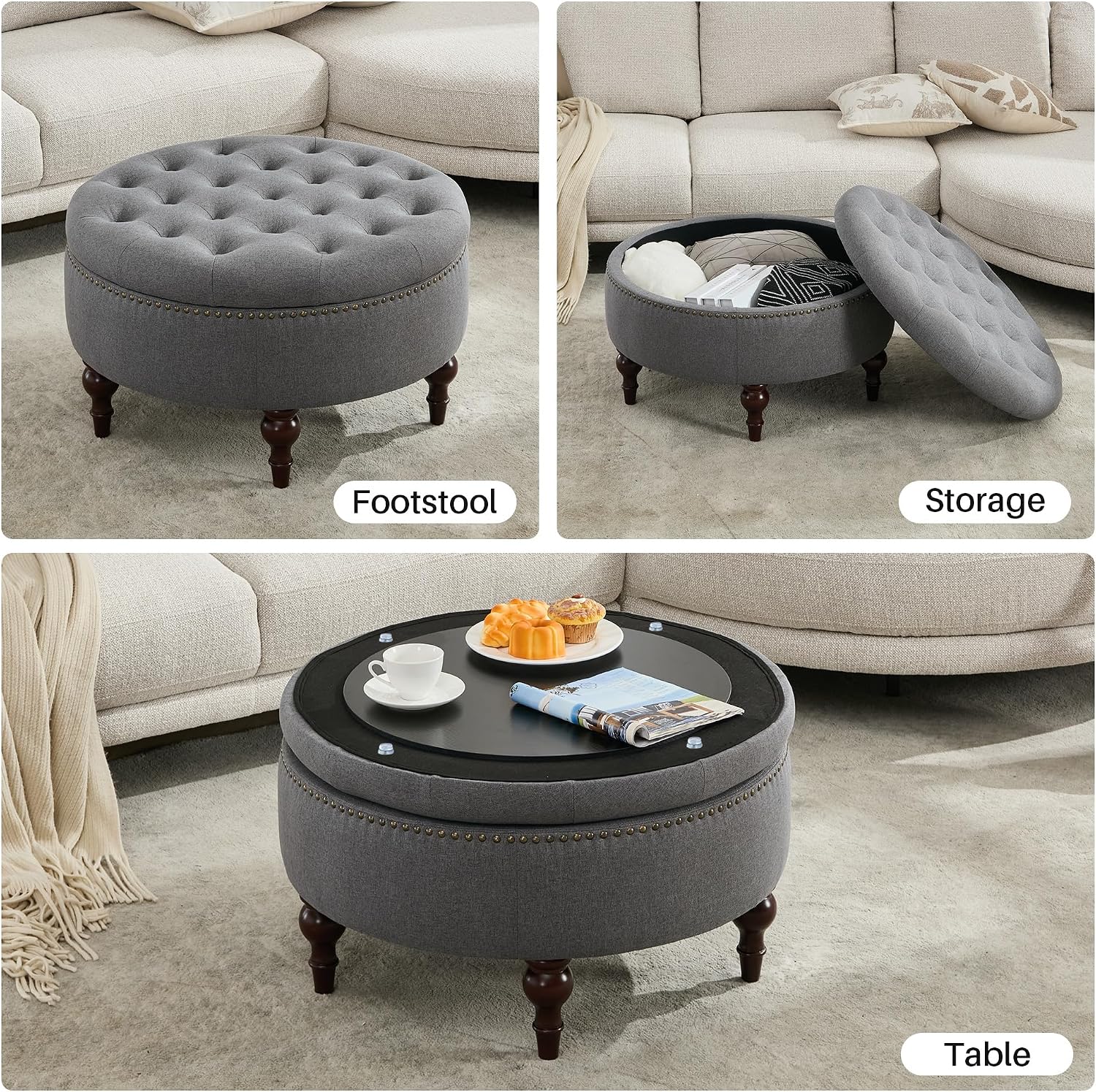 31.5" Grey Tufted Linen Storage Ottoman