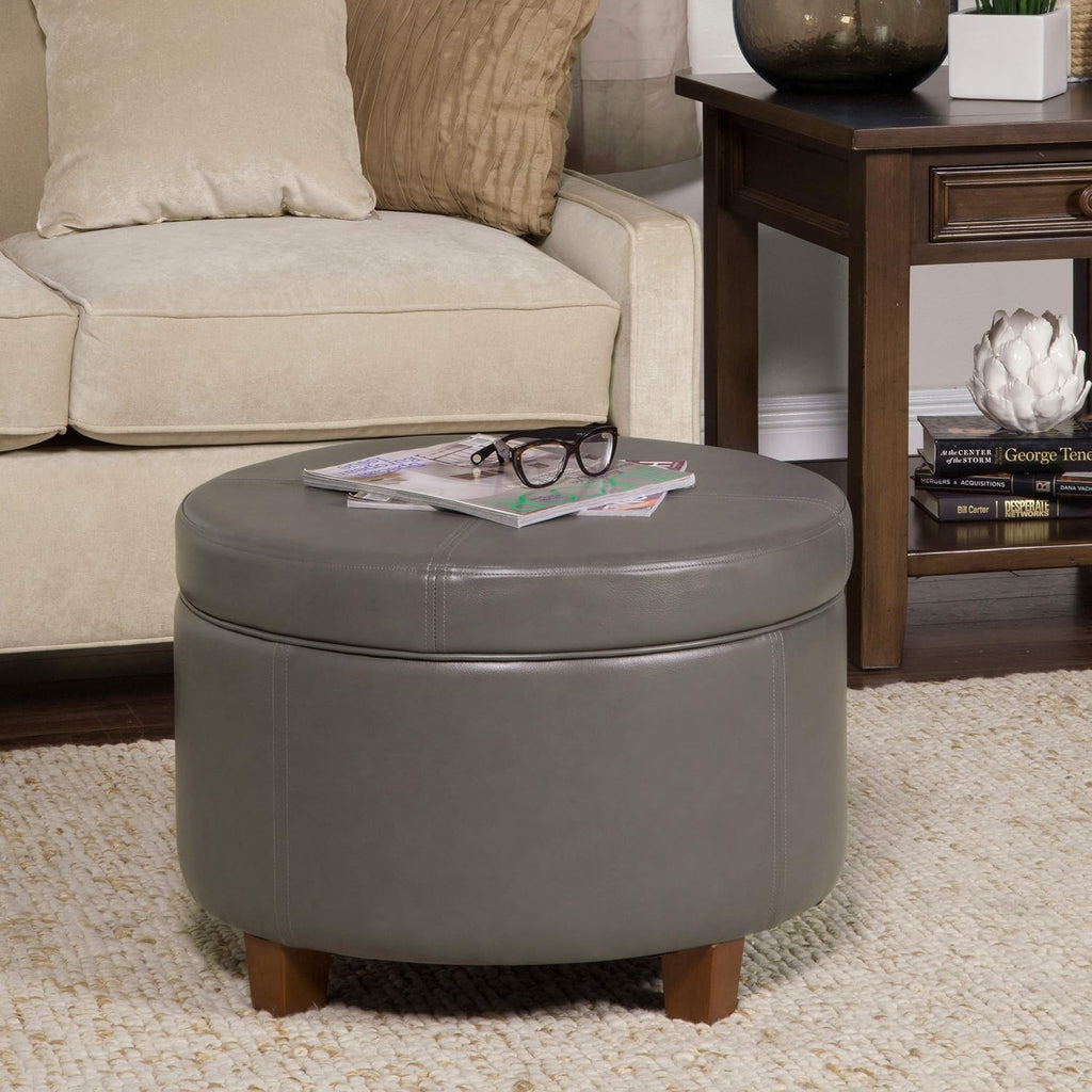 Large Charcoal Grey Leatherette Round Storage Ottoman
